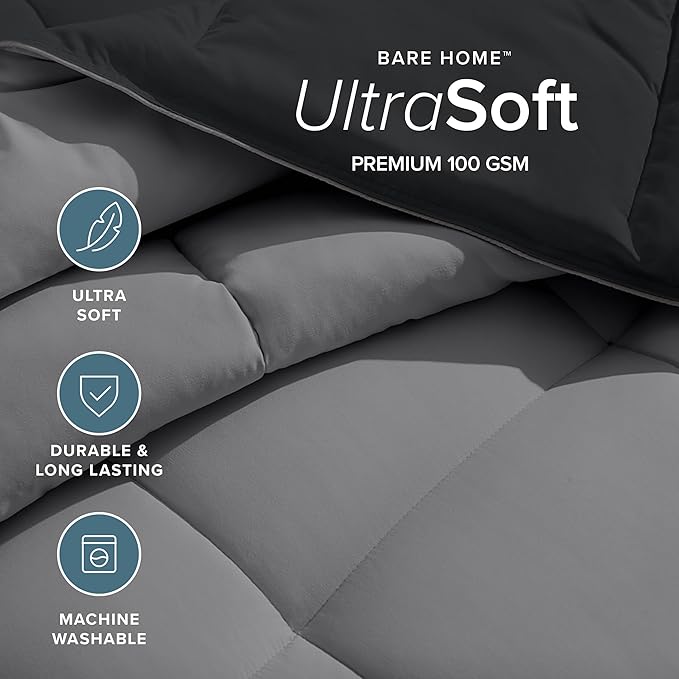 Bare Home Queen Comforter - Reversible Colors - Goose Down Alternative - Ultra-Soft - Premium 1800 Series - All Season Warmth - Bedding Comforter (Queen, Black/Grey)