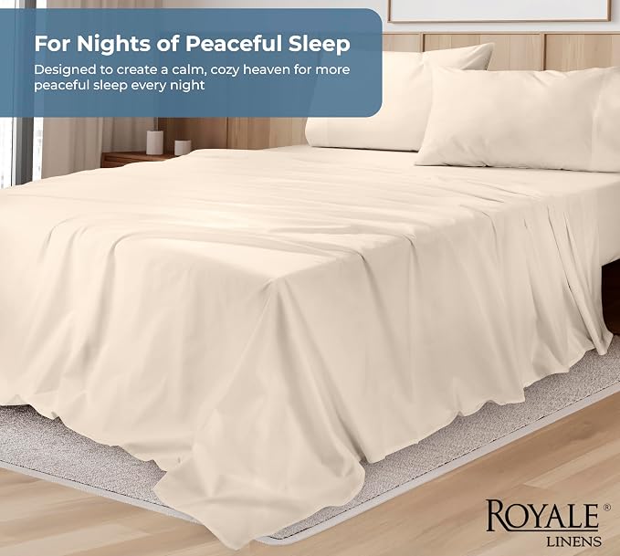 ROYALE LINENS 100% Organic Cotton Full Sheet Set - Percale Weave - 4 Pieces Set - 1 Flat, 1 Deep Pocket Fitted Sheet and 2 Pillowcases - Cream Bed Sheets - Sábanas Full - Crisp Cool (Cream)