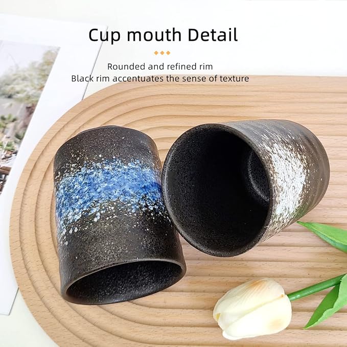 Japanese Tea Cup Set of 2, Ceramic Porcelain Tea Mugs No Handle, Asian Model Teacup for Matcha, Green Tea, Cappuccino, Sake (9oz Black)