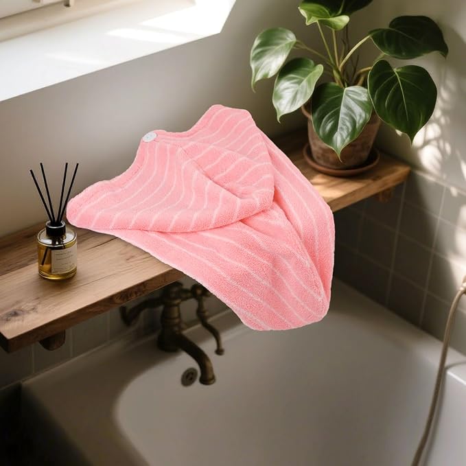 Jacquotha Cotton Hair Towels for Women (Pink Striped), 2 Pack | Pink Hair Towels Wrap for Long Curly Hair, Shower Bathroom Spa Travel Pool, Quick Dry Soft Absorbent, 25" x 9.5"