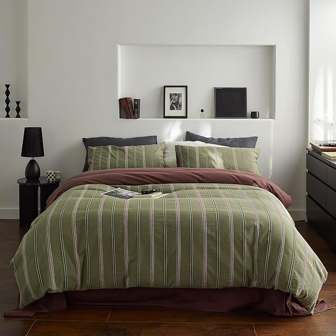 mixinni Vintage Olive Green Striped Duvet Cover Set King, 100% Cotton Yarn-Dyed Jacquard Bedding 3 Pieces, Reversible Design Retro Terracotta Comforter Cover with Zipper & Corner Ties