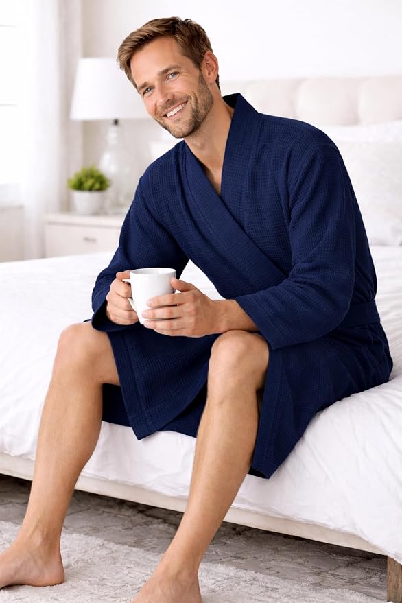 Turkish Linen Men’s Waffle Bathrobe Lightweight Kimono Spa Robe – Quick Dry Bath & Shower Robe for Men with Pockets