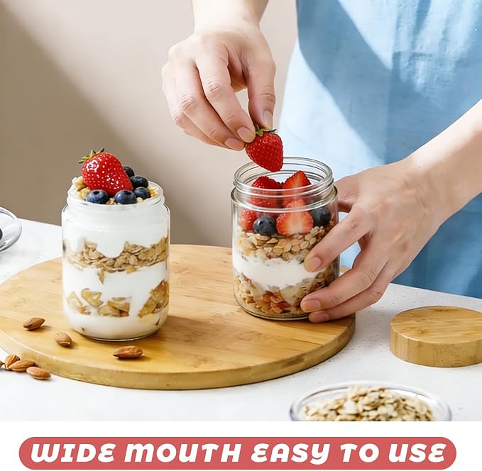 Wresty Empty Clear Glass jars with Airtight Lids Overnight Oats Containers Glass Food Storage Containers Glass Mason Jars For Yogurt Snacks Spice Sugar Jam And More (4 Pcs Bamboo Lids, 500ml/16.7oz)