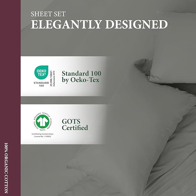 100% Organic Cotton Sheets Full Size - Organic Cotton Full Size Percale Weave Sheet Set (4 PC, Dark Grey), Soft, Cooling, Crisp & Breathable, 16" Deep Pocket Hotel Quality Bedding Set