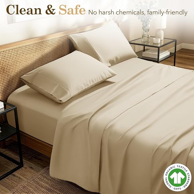 SONORO KATE 100% Organic Cotton Sheets Set - 600 Thread Count, GOTS Certified Cotton Bed Sheets, Soft, Breathable & Silky Sateen Weave Sheets, 16" Deep Pockets - 4 PC (Beige,Queen)