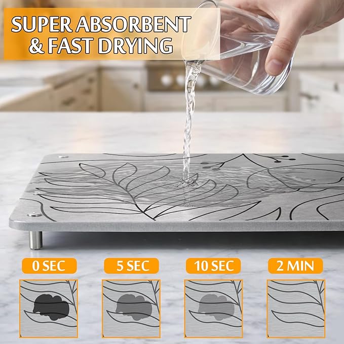 2PCS Nesting Stone Drying Mat for Kitchen Counter, Diatomaceous Earth Dish Drying Mat with Non-Slip Feet, Quick Dry Stone Mats Kitchen, Heat Resistant Stones Dish Dry Mats for Bottle Cup