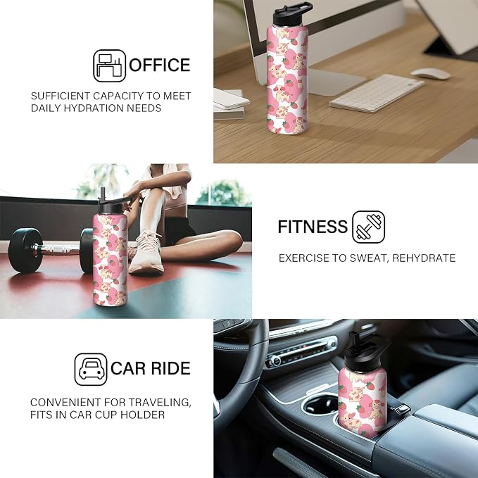 40oz Pink Cow Strawberry Water Bottle with Handle and Flip Straw,Animal Sports Stainless Steel Insulated Cup Travel Coffee Mug Tumbler, Birthday Mothers Day Chritmas Gifts for Women