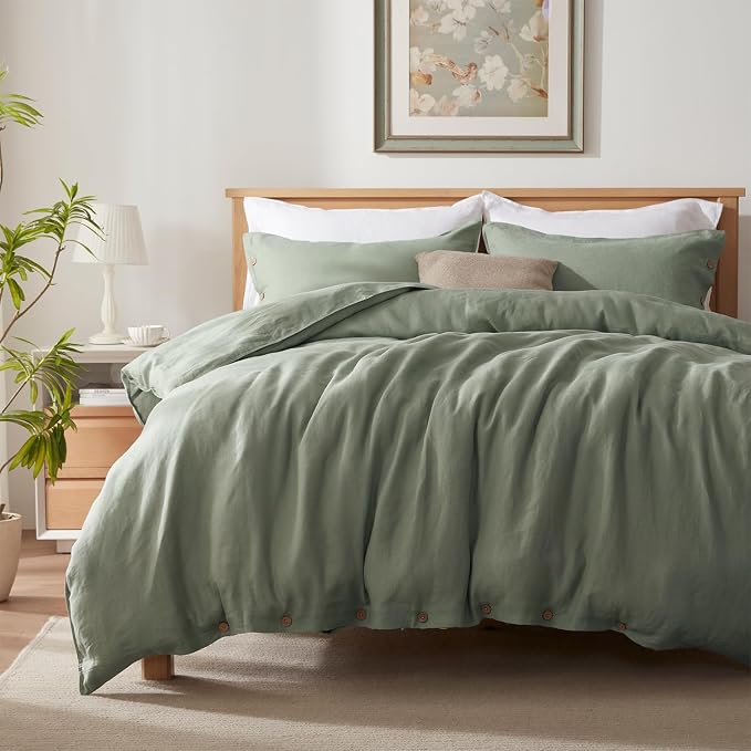 TOSMO 100% Linen Duvet Cover Set with Button Closure, 3 Pieces (1 Duvet Cover with 2 Pillowcases), Soft Breathable Durable Farmhouse Bedding - Full, Sage Green
