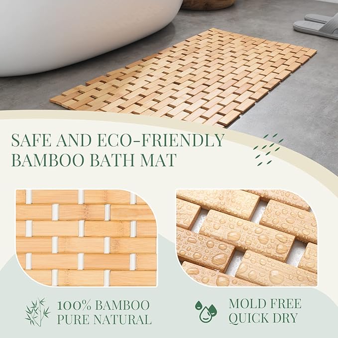 Basic Beyond Bamboo Bath Mat for Bathroom Floor - Quick Dry Wooden Bath Mat, Non-Slip Shower Mat Runner Rug for Indoor or Outdoor (15 x 27, Natural Color)