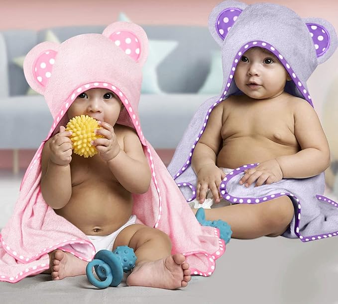 Set of 2 Hooded Baby Towels – Purple and Pink – Luxurious, Large and Super Absorbent – 30 x 30 Inch – Soft and Suitable for Infants, Toddlers and Kids – 400 GSM