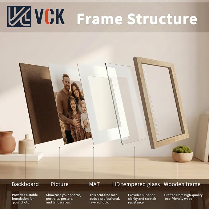 VCK 11x14 Picture Frames Natural - 3 Pack, Wide Border Solid Wood, Tempered Glass, Display 8x10 Photo with Mat or 11 x 14 Without, for Home, Office, Gallery, Woodgrain Series, Wall Hanging
