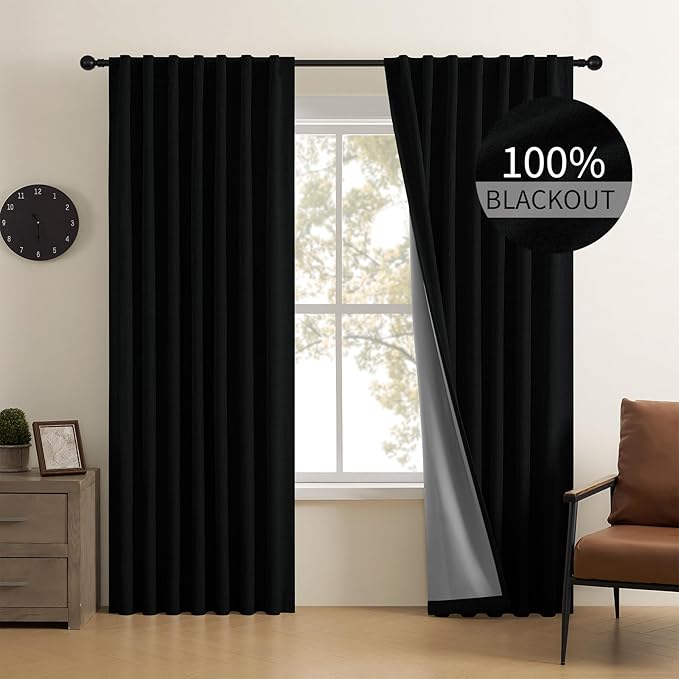 CUCRAF Linen 100% Blackout Curtains 90 Inch Length 2 Panels Set, Back Tab and Rod Pocket Curtain for Living Room Bedroom, Room Darkening Window Drapes Thermal Insulated, (37x90 inch, Black)