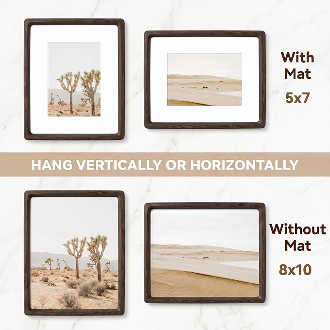 Fun Memories 8x10 Picture Frame, Natural Wenge Wood Photo Frames with HD Tempered Glass, Handcrafted Rounded Corner 8 x 10 Wooden Frames Matted to 5x7 Photos, 8x10 Frame, Tabletop or Wall Display