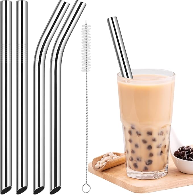 NiHome 4-Pack Stainless Steel Straws for Boba, Smoothie, 10.4” Metal Straws | 0.5'' Extra Wide Metal Reusable Straws, 2 Bent & 2 Straight Long Drinking Straw for Bubble Tea, Milkshake, 1 Brush, Silver