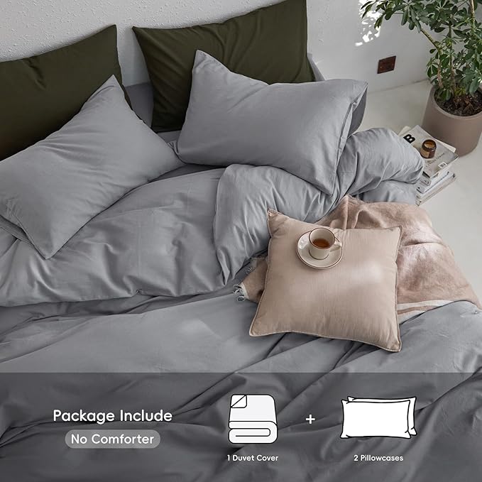 MooMee King Duvet Cover Set, 100% Washed Cotton Linen Like Twill Thick Sturdy Material Super Soft Breathable Durable Bedding for All Season, 3 Pieces (Polar Grey, King 104"x90")