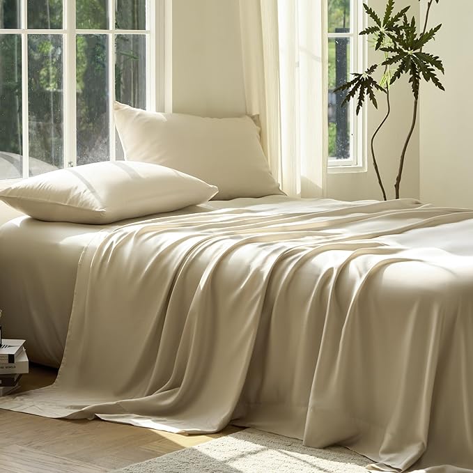 DOZ Sheet Set, 100% Viscose derived from Bamboo, Organically Grown, Buttery Soft, Cooling Sheets, High GSM, Deep Pockets - 3 Piece - 1 Pillowcase 1 Fitted 1 Top Sheet (Sand, Twin XL)