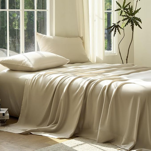 DOZ Sheet Set, 100% Viscose derived from Bamboo, Organically Grown, Buttery Soft, Cooling Sheets, High GSM, Deep Pockets - 3 Piece - 2 Pillowcases 1 Fitted Sheet (Sand, Cal King)