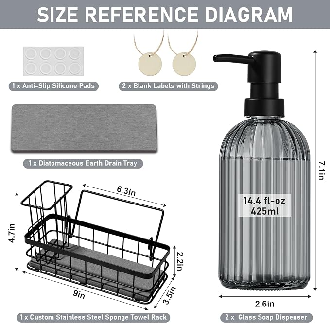 Kitchen Soap Dispenser Set, 14.4 oz/425 ml Hand and Dish Soap Dispenser Set, Dish Soap Dispenser with Sponge Holder & Diatomite Tray, for Countertop Organizer, Black