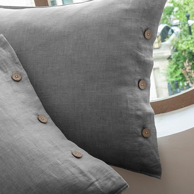 EVERLY 100% Linen Pillowcases Set of 2, French Linen from Normandy, 20X26Inch Standard Size, Natural Color, Coconut Buttons Closure, Flax Pillowshams-Pillowcase-Gray