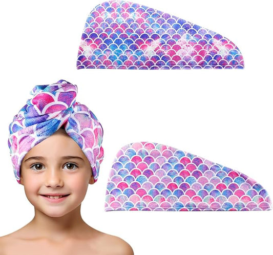 MADHOLLY Fast Drying Microfiber Hair Towel for Kids Women - 2 Packs Soft Super Absorbent Hair Towel Wrap with Button, Anti-Frizz Turban for Thicker Curly Long Hair, Mermaid Gift for Girls