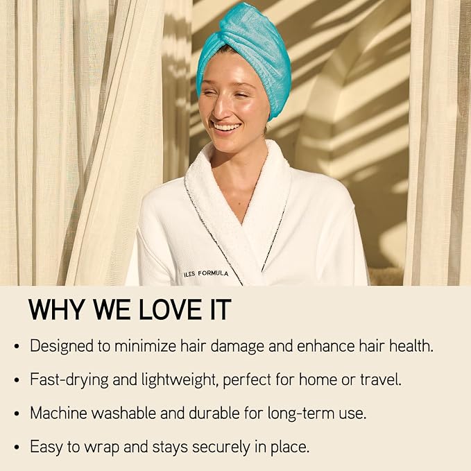 ILES FORMULA Hair Turban Towel – Ultra-Soft Microfiber Hair Towel Wrap for Fast Drying, Frizz Control & Breakage Protection – Large, Lightweight Hair Wrap for Short, Long & Curly – Spa Blue