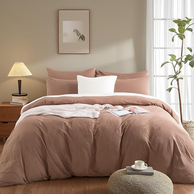 NEXHOME PRO Duvet Cover Set 100% Washed Cotton Super King 108"x98", Organic Natural Linen Look Textured 3 Pieces Bedding Set Mocha Brown with Zipper Closure, Breathable (No Comforter)