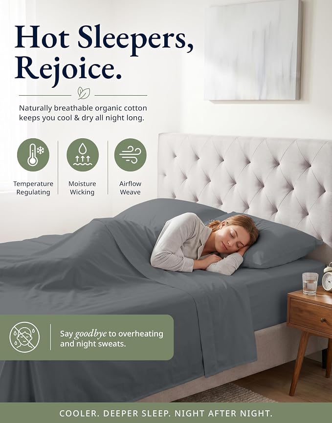 LANE LINEN 100% Organic Cotton Fitted Sheet Twin XL Size (No Flat Sheet) - Soft & Breathable Percale Weave Fitted Sheet Set For Added Comfort - 15''Deep Pocket For Snug Fit - GOTS Certified - Charcoal
