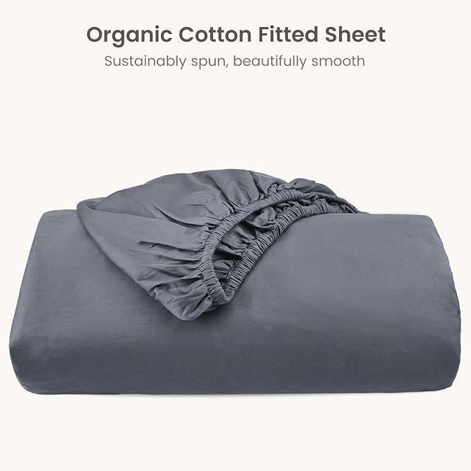 BIOWEAVES 100% Organic Cotton 1 Twin XL Fitted Sheet Only | 300 Thread Count Sateen Weave GOTS Certified with Deep Pocket - Gray