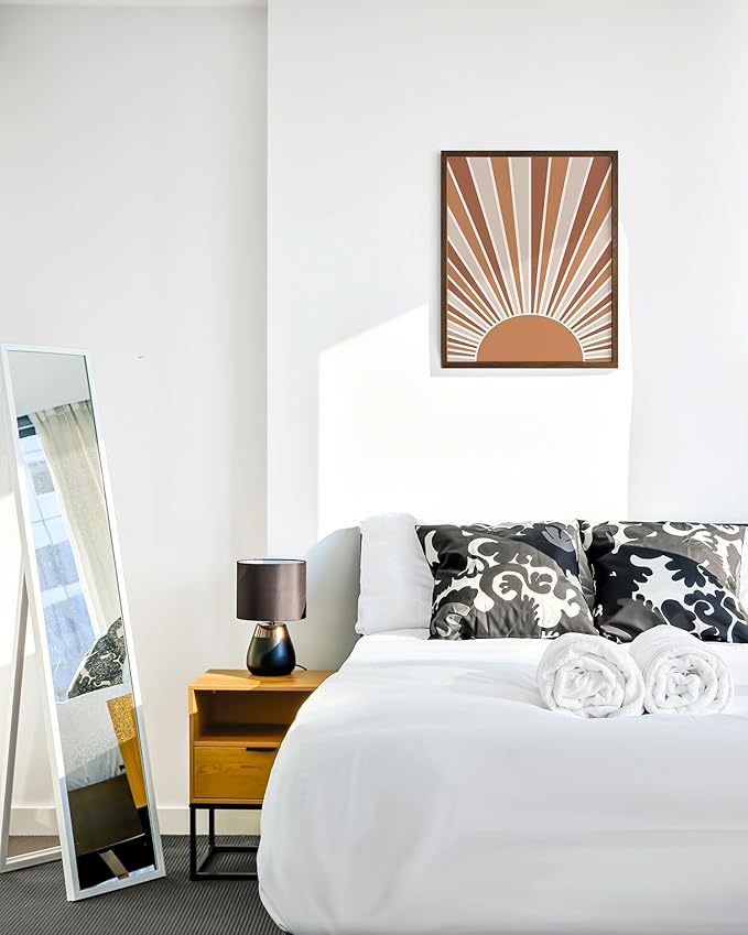 Boho Rising Sun Wall Art Sunburst Rays Earth Tones Terracotta Mid Century Modern 16x20 Inch Oak Wood Walnut Framed Minimalist Landscape Sunshine Print for Nursery Decor