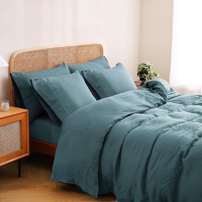 S VICTORY SYMBOL 100% Organic Linen Duvet Cover Set 3 Pieces,Pure Natural French Flax Bedding Set,1 Comforter Cover and 2 Pillowcases,Solid Color Bedding Full Size(Stormy Blue)