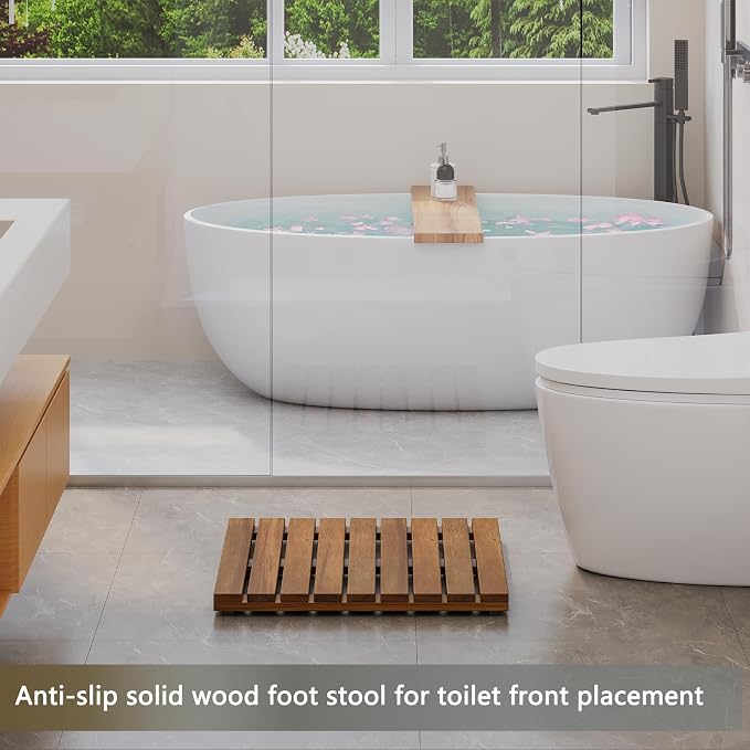 Solid Acacia Wood Shower Mat, Non Slip Bathroom Mat (19.6"×19.6“, Medium) Sturdy Floor Mat for Spa Home or Outdoor Shower, Easy to Clean, Quick Drying