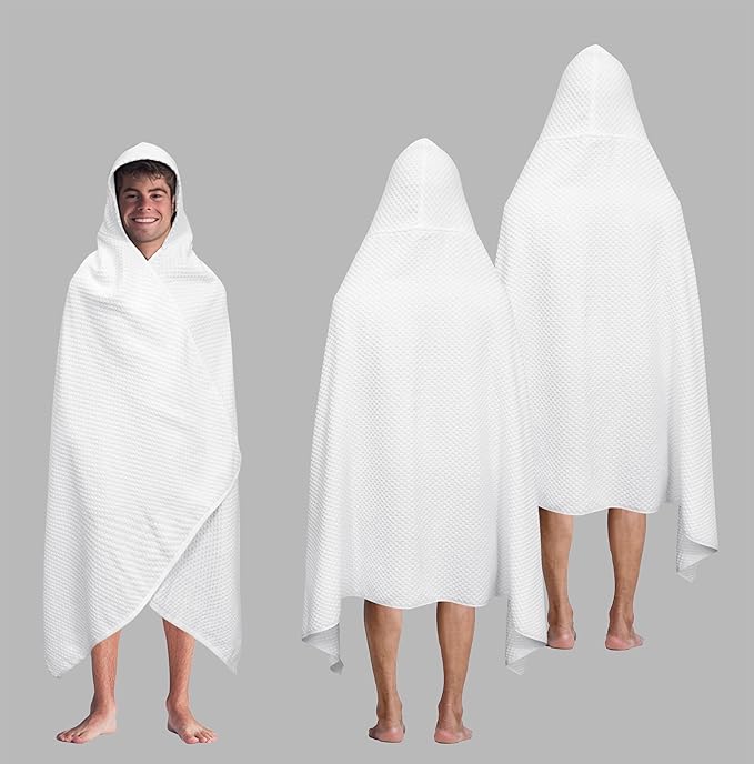 COTTON CRAFT Hooded Bath Towel – 2 Pack Oversized 35x70 Waffle Weave Towel with Hood for Adults - 100% Ringspun Cotton Pool Bath Sheet Wrap with Hood - Soft Super Absorbent Quick Dry – 450 GSM – White