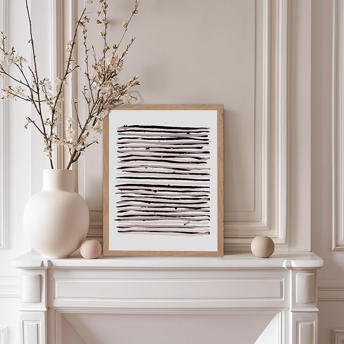 Monem Art Black and Blush Abstract Line Painting Print - Minimalist Scandinavian Art Poster - Wall Decor for Living Room, Bedroom or Office - 12x16 Beige Framed Wall Art by Mareike Bohmer
