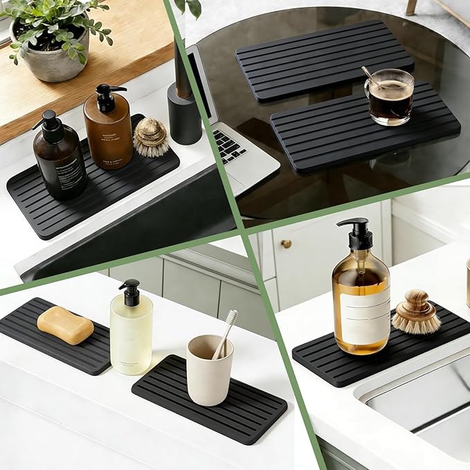 2 PCS Water Absorbing Diatomite Coasters, Stone Drying Mat for Kitchen Counter, Quick Dry Stone Mat Trays for Bathroom Kitchen Counter, Soap Dish Tray Used for Hand Soaps (Dark Gray-B, 8.3" x 4")