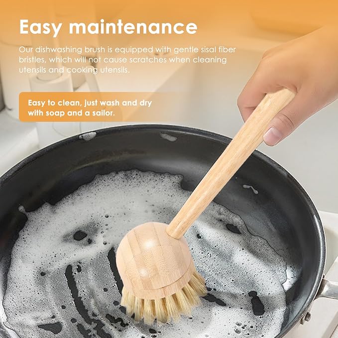 Bamboo Dish Brush Set of 3, Dish Brush Natural Bamboo Dish Scrub Brush Set with Handle, Wooden Dish Scrubber Kitchen Brush Set with Natural Bristles for Kitchen Cleaning Dish, Bottle, Pots, Pans