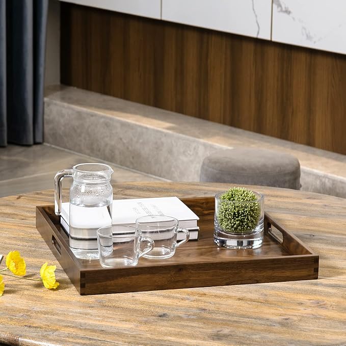 19 x 19 Inches Black Walnut Large Ottoman Tray Solid Wooden Table Square Platter Decorative Serving Tray with Handles for Oversized Ottoman Home Breakfast in Bed Tea Coffee