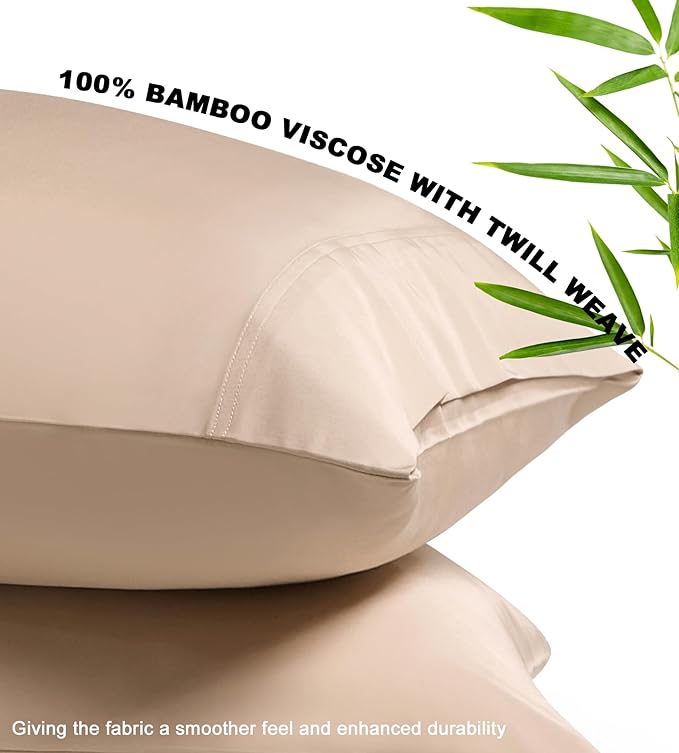 100% Rayon Derived from Bamboo Pillowcases Queen Size Set of 2, Durable Hotel Quality Silky Pillow Cases, Beige 20x30 Inches