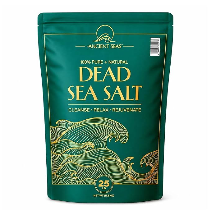 Ancient Seas Dead Sea Salt Bulk 25 lb, Fine Grain, USP Grade, Fragrance-Free Therapeutic Mineral Bath Salt for Soaking, Foot Soaks & Exfoliating Scrubs