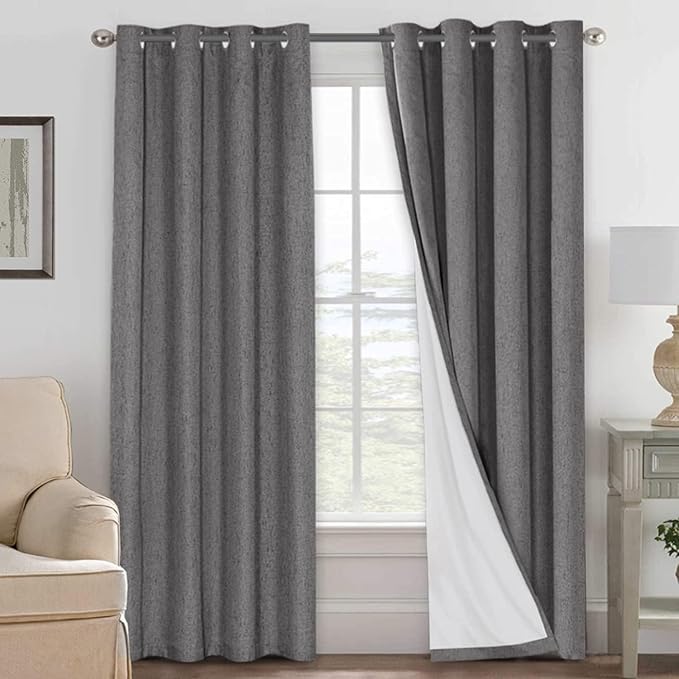 H.VERSAILTEX Blackout Curtains Linen Curtains 120 inches Long 100% Black Out Curtains for Bedroom Windows, Textured Linen Look Draperies Grommet with White Liner, 2 Panels, Grey