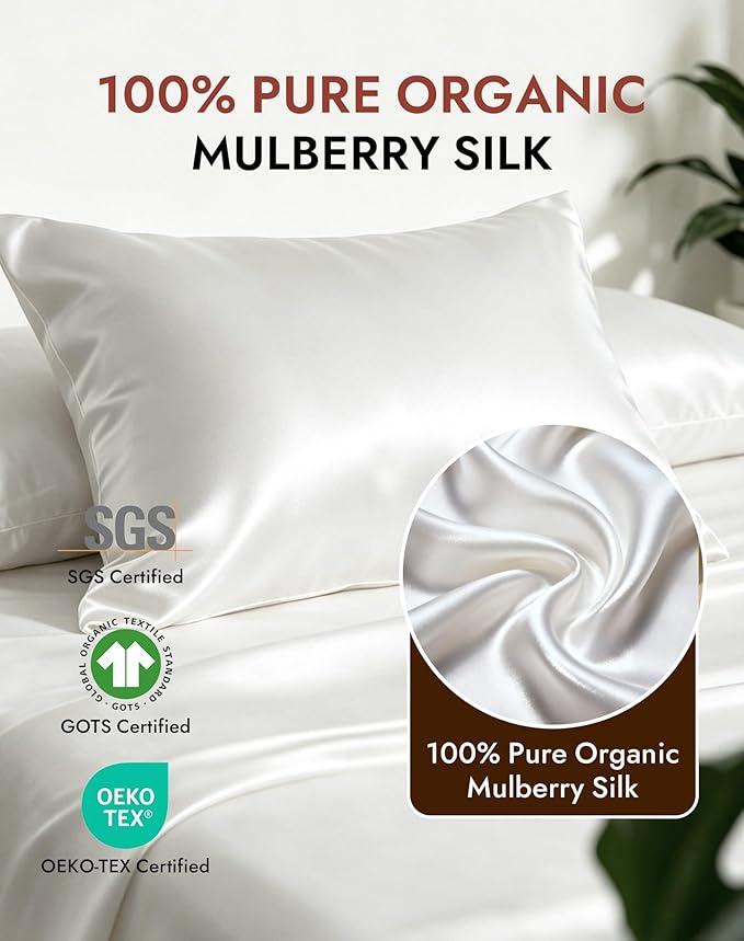 SilkSilky Luxury 30 Momme 100% Pure Organic Mulberry Silk Pillowcase for Hair & Skin, Grade 6A+ Silk Pillow Cases with Hidden Zipper, Cooling Silk for Deep Sleep (Standard 20''x26'', White)