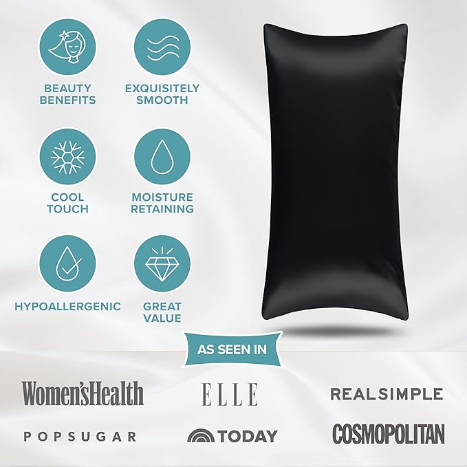 Bare Home 100% Mulberry Silk Pillowcase for Hair and Skin - Ultra Premium 6A Grade 19 Momme Silk Pillow Case - Hidden Zipper - Breathable Cooling Pillow Cover (Body, Black)