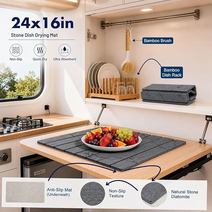 Stone Drying Mat for Kitchen Counter, 24"(L)×16"(W), Diatomaceous Earth Dish Drying Mat for Kitchen Counter, Quick Dry Stone Dishes Mats, Foldable Quick Dry Mats for kitchen, Bathroom, Dark Gray