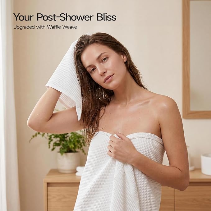 ecolook 4 Piece Waffle Bath Towel Set, 100% Cotton Lightweight & Quick-Dry Bath Towels, Ultra-Absorbent and Breathable, Lint-Free Hotel & Spa Towels for the Bathroom, Gym and Travel - White