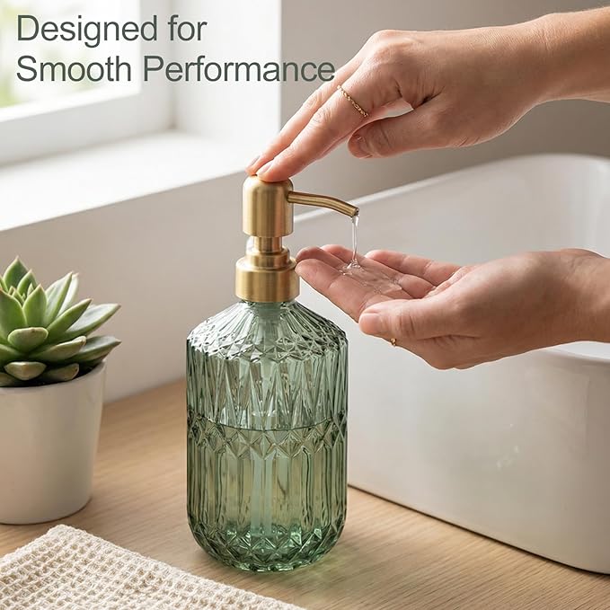 2-Pack Green Hand Soap Dispenser with Gold Stainless Steel Pump, Refillable Glass Soap Dispenser for Bathroom, Vintage Kitchen Soap Dispenser for Liquid Hand Soap, Lotion, Body Wash (14 OZ)