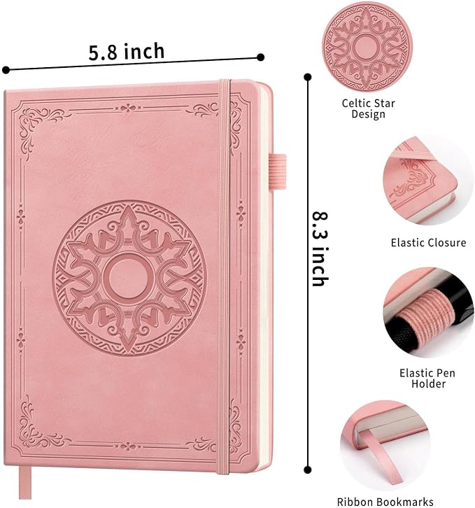 Lined Journal Notebook, A5 Leather Vintage Journals for Writing, 288 Pages College Ruled Notepad for Women Men, Vegan Leather Daily Notebook for Work, School, Travel, Note Taking(Celtic Star, Pink)
