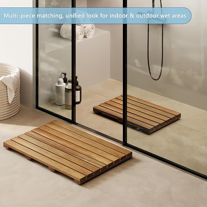 19.7"x13" Solid Acacia Wood Shower Mat, Non Slip Wooden Bath Mat, Indoor Outdoor Entryway Door Mat Multi-Purpose Plant Stand for Shower Bathtub Pool Spa Garden (Small)