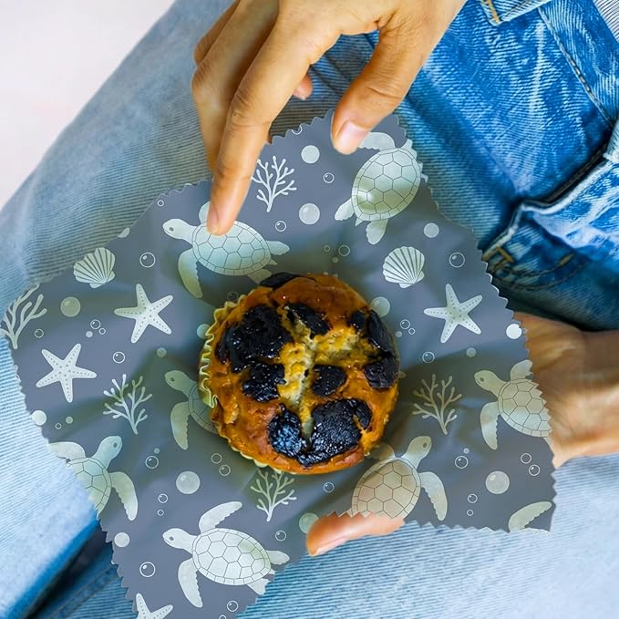 Reusable Beeswax Wraps, 9 Pack Eco-Friendly Food Storage, Organic, Sustainable, Zero Waste, Plastic-Free, Sandwich, Bowl, Fruit, 1XL, 3M, 5S, Navy Blue Turtle Starfish Coral Shell Pattern