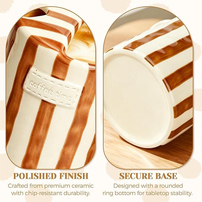 Ceramic Coffee Mug Novelty Ceramic Travel Mug Cute Espresso Cups To Go Anthropologie Latte Cups Aesthetic Brown Pottery Mugs With Sip Hole 10oz Clay Striped Vintage Handmade Coffee Cup for Home