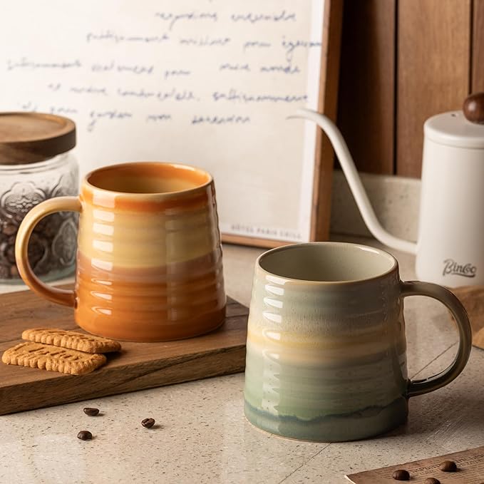 15.5 Oz Large Reactive Glaze Ceramic Mug, Heavy Weighted Stoneware Coffee Cup, Wide Base, Thick Wall Big Tea Cup with Custom Package Box, Microwave & Dishwasher Safe (Orange)