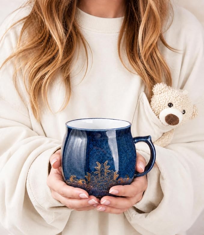 AmorArc 12 oz Coffee Mug, Ceramic Coffee Cups for Latte CappuccinoTea, Easy to Hold&Clean, Dishwasher&Microwave Safe, Navy Blue